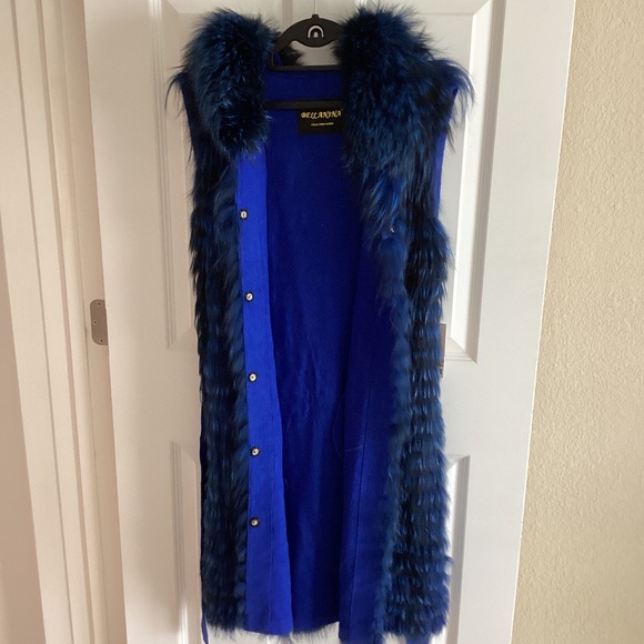 Gorgeous Real Silver Fox Fur Dyed Royal Blue Long Vest with Hood and Belt NWT - Picture 10 of 15